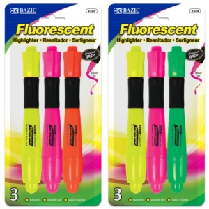 Desk Style Fluorescent Highlighters w/ Cushion Grip (3/Pack)